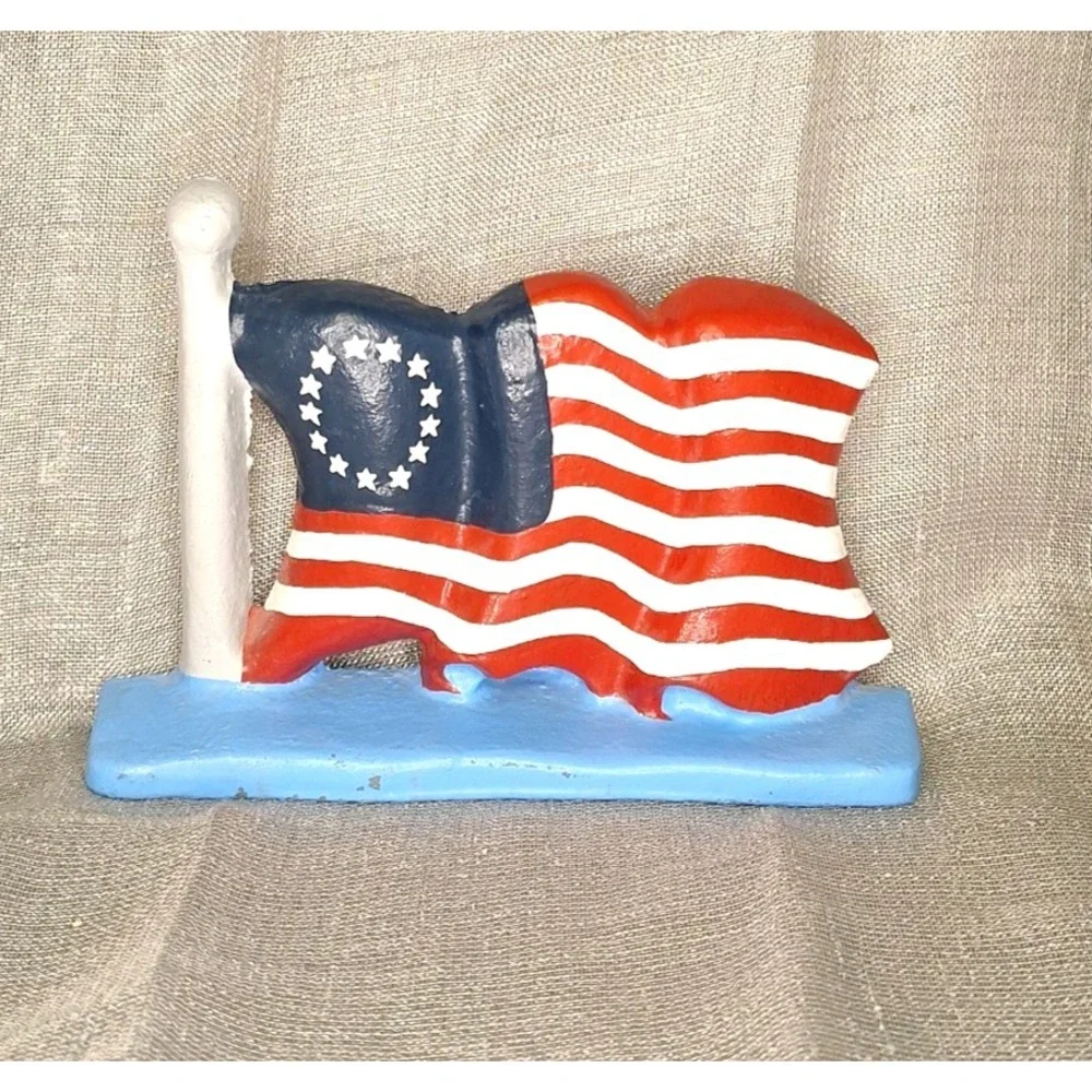 Vntg Door Stop Cast Iron American Flag Colonial 13 Stars Patriotic Doorstop USA